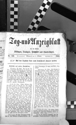 Tag- und Anzeigblatt für die Städte Dillingen, Lauingen, Höchstädt, Wertingen und Gundelfingen (Tagblatt für die Städte Dillingen, Lauingen, Höchstädt, Wertingen und Gundelfingen) Mittwoch 3. Oktober 1866