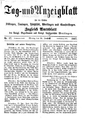 Tag- und Anzeigblatt für die Städte Dillingen, Lauingen, Höchstädt, Wertingen und Gundelfingen (Tagblatt für die Städte Dillingen, Lauingen, Höchstädt, Wertingen und Gundelfingen) Montag 21. Januar 1867