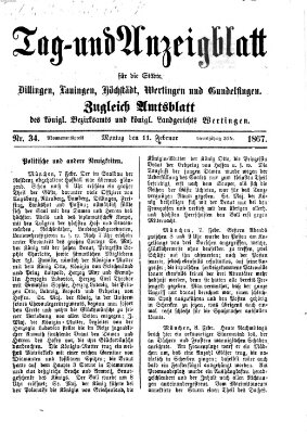 Tag- und Anzeigblatt für die Städte Dillingen, Lauingen, Höchstädt, Wertingen und Gundelfingen (Tagblatt für die Städte Dillingen, Lauingen, Höchstädt, Wertingen und Gundelfingen) Montag 11. Februar 1867