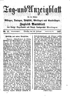 Tag- und Anzeigblatt für die Städte Dillingen, Lauingen, Höchstädt, Wertingen und Gundelfingen (Tagblatt für die Städte Dillingen, Lauingen, Höchstädt, Wertingen und Gundelfingen) Dienstag 19. Februar 1867