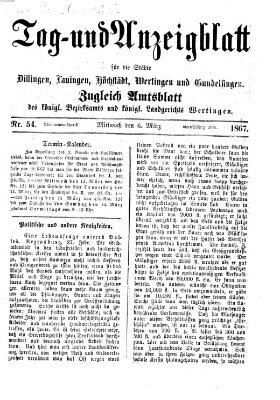 Tag- und Anzeigblatt für die Städte Dillingen, Lauingen, Höchstädt, Wertingen und Gundelfingen (Tagblatt für die Städte Dillingen, Lauingen, Höchstädt, Wertingen und Gundelfingen) Mittwoch 6. März 1867