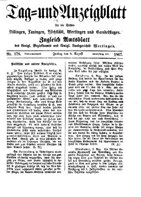 Tag- und Anzeigblatt für die Städte Dillingen, Lauingen, Höchstädt, Wertingen und Gundelfingen (Tagblatt für die Städte Dillingen, Lauingen, Höchstädt, Wertingen und Gundelfingen) Freitag 9. August 1867