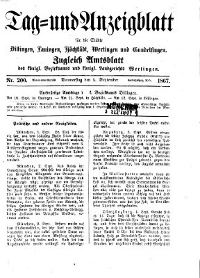 Tag- und Anzeigblatt für die Städte Dillingen, Lauingen, Höchstädt, Wertingen und Gundelfingen (Tagblatt für die Städte Dillingen, Lauingen, Höchstädt, Wertingen und Gundelfingen) Donnerstag 5. September 1867