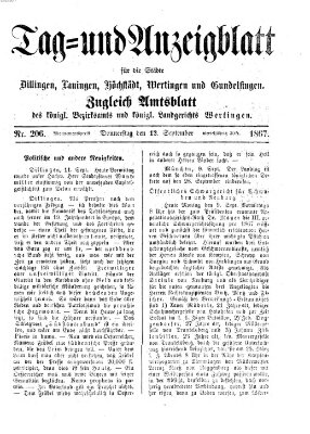 Tag- und Anzeigblatt für die Städte Dillingen, Lauingen, Höchstädt, Wertingen und Gundelfingen (Tagblatt für die Städte Dillingen, Lauingen, Höchstädt, Wertingen und Gundelfingen) Donnerstag 12. September 1867