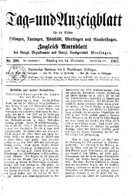 Tag- und Anzeigblatt für die Städte Dillingen, Lauingen, Höchstädt, Wertingen und Gundelfingen (Tagblatt für die Städte Dillingen, Lauingen, Höchstädt, Wertingen und Gundelfingen) Samstag 14. September 1867