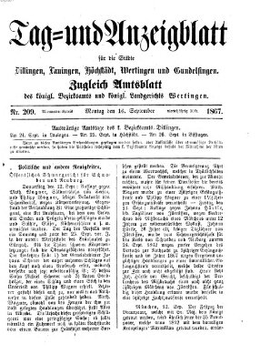 Tag- und Anzeigblatt für die Städte Dillingen, Lauingen, Höchstädt, Wertingen und Gundelfingen (Tagblatt für die Städte Dillingen, Lauingen, Höchstädt, Wertingen und Gundelfingen) Montag 16. September 1867