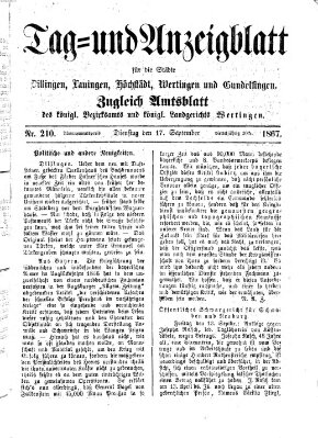 Tag- und Anzeigblatt für die Städte Dillingen, Lauingen, Höchstädt, Wertingen und Gundelfingen (Tagblatt für die Städte Dillingen, Lauingen, Höchstädt, Wertingen und Gundelfingen) Dienstag 17. September 1867