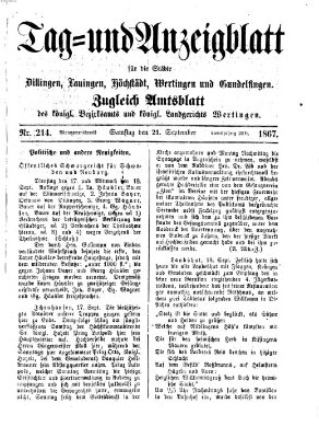 Tag- und Anzeigblatt für die Städte Dillingen, Lauingen, Höchstädt, Wertingen und Gundelfingen (Tagblatt für die Städte Dillingen, Lauingen, Höchstädt, Wertingen und Gundelfingen) Samstag 21. September 1867