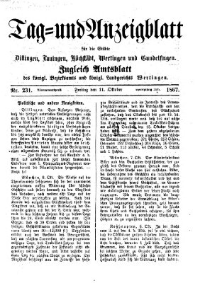 Tag- und Anzeigblatt für die Städte Dillingen, Lauingen, Höchstädt, Wertingen und Gundelfingen (Tagblatt für die Städte Dillingen, Lauingen, Höchstädt, Wertingen und Gundelfingen) Freitag 11. Oktober 1867