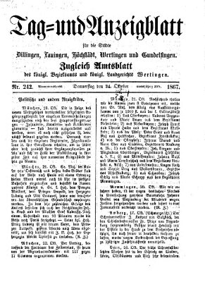 Tag- und Anzeigblatt für die Städte Dillingen, Lauingen, Höchstädt, Wertingen und Gundelfingen (Tagblatt für die Städte Dillingen, Lauingen, Höchstädt, Wertingen und Gundelfingen) Donnerstag 24. Oktober 1867