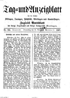 Tag- und Anzeigblatt für die Städte Dillingen, Lauingen, Höchstädt, Wertingen und Gundelfingen (Tagblatt für die Städte Dillingen, Lauingen, Höchstädt, Wertingen und Gundelfingen) Donnerstag 21. November 1867