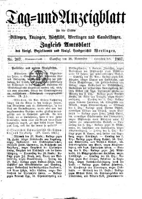 Tag- und Anzeigblatt für die Städte Dillingen, Lauingen, Höchstädt, Wertingen und Gundelfingen (Tagblatt für die Städte Dillingen, Lauingen, Höchstädt, Wertingen und Gundelfingen) Samstag 23. November 1867