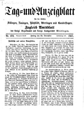 Tag- und Anzeigblatt für die Städte Dillingen, Lauingen, Höchstädt, Wertingen und Gundelfingen (Tagblatt für die Städte Dillingen, Lauingen, Höchstädt, Wertingen und Gundelfingen) Freitag 29. November 1867