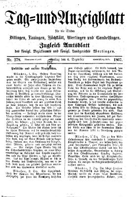 Tag- und Anzeigblatt für die Städte Dillingen, Lauingen, Höchstädt, Wertingen und Gundelfingen (Tagblatt für die Städte Dillingen, Lauingen, Höchstädt, Wertingen und Gundelfingen) Freitag 6. Dezember 1867