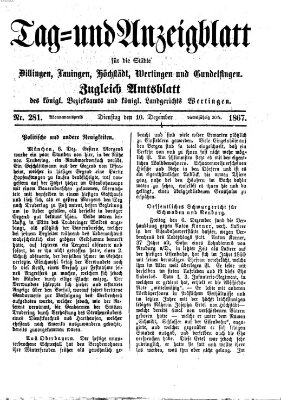 Tag- und Anzeigblatt für die Städte Dillingen, Lauingen, Höchstädt, Wertingen und Gundelfingen (Tagblatt für die Städte Dillingen, Lauingen, Höchstädt, Wertingen und Gundelfingen) Dienstag 10. Dezember 1867