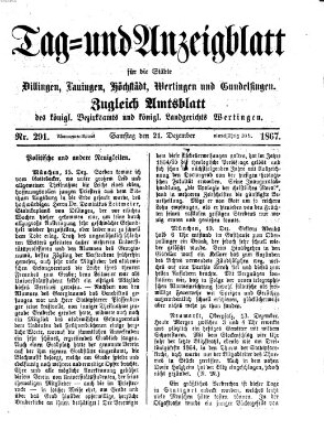 Tag- und Anzeigblatt für die Städte Dillingen, Lauingen, Höchstädt, Wertingen und Gundelfingen (Tagblatt für die Städte Dillingen, Lauingen, Höchstädt, Wertingen und Gundelfingen) Samstag 21. Dezember 1867