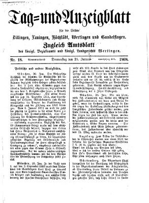 Tag- und Anzeigblatt für die Städte Dillingen, Lauingen, Höchstädt, Wertingen und Gundelfingen (Tagblatt für die Städte Dillingen, Lauingen, Höchstädt, Wertingen und Gundelfingen) Donnerstag 23. Januar 1868