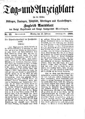 Tag- und Anzeigblatt für die Städte Dillingen, Lauingen, Höchstädt, Wertingen und Gundelfingen (Tagblatt für die Städte Dillingen, Lauingen, Höchstädt, Wertingen und Gundelfingen) Montag 10. Februar 1868