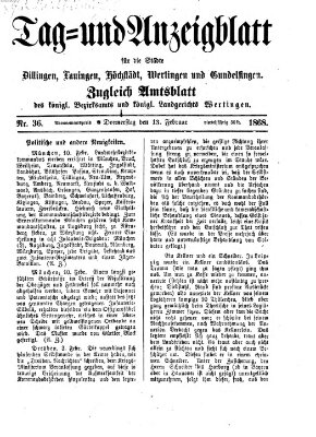 Tag- und Anzeigblatt für die Städte Dillingen, Lauingen, Höchstädt, Wertingen und Gundelfingen (Tagblatt für die Städte Dillingen, Lauingen, Höchstädt, Wertingen und Gundelfingen) Donnerstag 13. Februar 1868