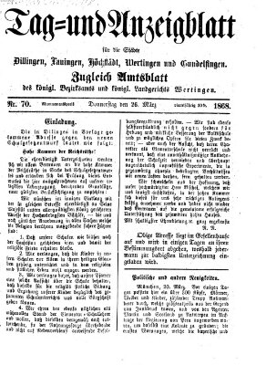 Tag- und Anzeigblatt für die Städte Dillingen, Lauingen, Höchstädt, Wertingen und Gundelfingen (Tagblatt für die Städte Dillingen, Lauingen, Höchstädt, Wertingen und Gundelfingen) Donnerstag 26. März 1868