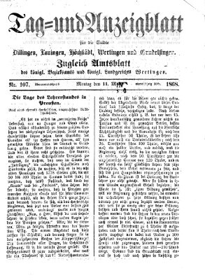 Tag- und Anzeigblatt für die Städte Dillingen, Lauingen, Höchstädt, Wertingen und Gundelfingen (Tagblatt für die Städte Dillingen, Lauingen, Höchstädt, Wertingen und Gundelfingen) Montag 11. Mai 1868