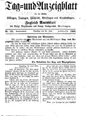 Tag- und Anzeigblatt für die Städte Dillingen, Lauingen, Höchstädt, Wertingen und Gundelfingen (Tagblatt für die Städte Dillingen, Lauingen, Höchstädt, Wertingen und Gundelfingen) Dienstag 23. Juni 1868