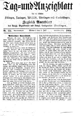 Tag- und Anzeigblatt für die Städte Dillingen, Lauingen, Höchstädt, Wertingen und Gundelfingen (Tagblatt für die Städte Dillingen, Lauingen, Höchstädt, Wertingen und Gundelfingen) Mittwoch 8. Juli 1868