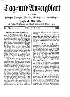 Tag- und Anzeigblatt für die Städte Dillingen, Lauingen, Höchstädt, Wertingen und Gundelfingen (Tagblatt für die Städte Dillingen, Lauingen, Höchstädt, Wertingen und Gundelfingen) Mittwoch 5. August 1868