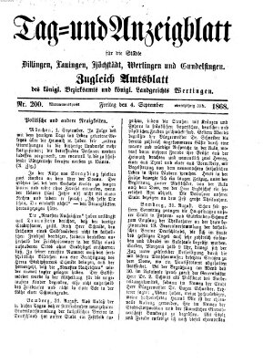 Tag- und Anzeigblatt für die Städte Dillingen, Lauingen, Höchstädt, Wertingen und Gundelfingen (Tagblatt für die Städte Dillingen, Lauingen, Höchstädt, Wertingen und Gundelfingen) Freitag 4. September 1868