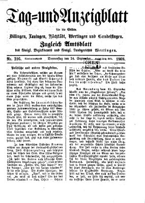 Tag- und Anzeigblatt für die Städte Dillingen, Lauingen, Höchstädt, Wertingen und Gundelfingen (Tagblatt für die Städte Dillingen, Lauingen, Höchstädt, Wertingen und Gundelfingen) Donnerstag 24. September 1868