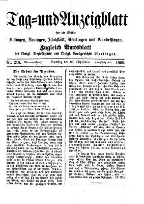 Tag- und Anzeigblatt für die Städte Dillingen, Lauingen, Höchstädt, Wertingen und Gundelfingen (Tagblatt für die Städte Dillingen, Lauingen, Höchstädt, Wertingen und Gundelfingen) Samstag 26. September 1868