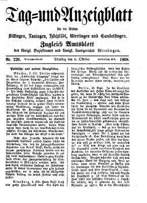 Tag- und Anzeigblatt für die Städte Dillingen, Lauingen, Höchstädt, Wertingen und Gundelfingen (Tagblatt für die Städte Dillingen, Lauingen, Höchstädt, Wertingen und Gundelfingen) Dienstag 6. Oktober 1868