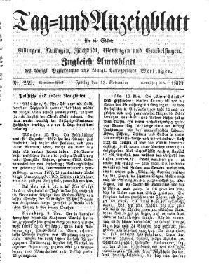 Tag- und Anzeigblatt für die Städte Dillingen, Lauingen, Höchstädt, Wertingen und Gundelfingen (Tagblatt für die Städte Dillingen, Lauingen, Höchstädt, Wertingen und Gundelfingen) Freitag 13. November 1868