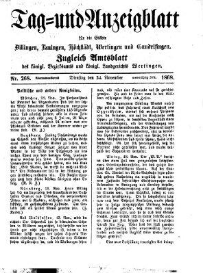 Tag- und Anzeigblatt für die Städte Dillingen, Lauingen, Höchstädt, Wertingen und Gundelfingen (Tagblatt für die Städte Dillingen, Lauingen, Höchstädt, Wertingen und Gundelfingen) Dienstag 24. November 1868