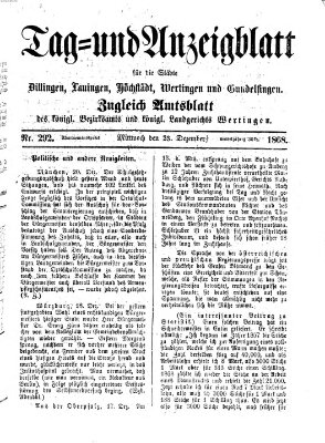 Tag- und Anzeigblatt für die Städte Dillingen, Lauingen, Höchstädt, Wertingen und Gundelfingen (Tagblatt für die Städte Dillingen, Lauingen, Höchstädt, Wertingen und Gundelfingen) Mittwoch 23. Dezember 1868