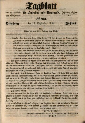 Tagblatt für Landshut und Umgegend (Kurier für Niederbayern) Dienstag 26. September 1848