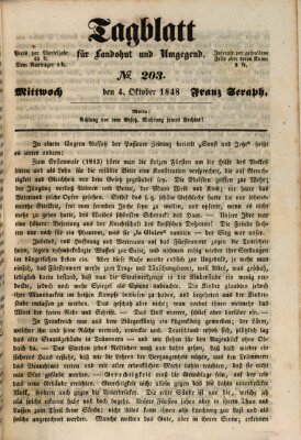 Tagblatt für Landshut und Umgegend (Kurier für Niederbayern) Mittwoch 4. Oktober 1848