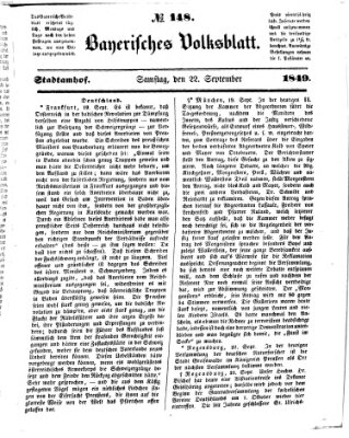 Bayerisches Volksblatt (Regensburger Morgenblatt) Samstag 22. September 1849