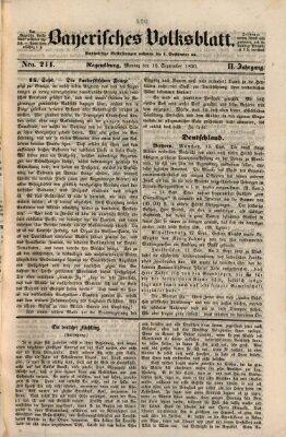 Bayerisches Volksblatt (Regensburger Morgenblatt) Montag 16. September 1850