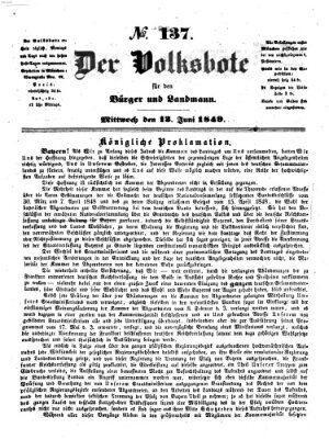 Der Volksbote für den Bürger und Landmann Mittwoch 13. Juni 1849