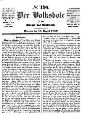 Der Volksbote für den Bürger und Landmann Sonntag 18. August 1850