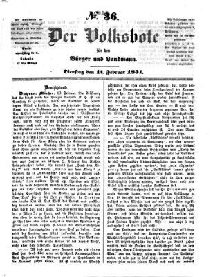 Der Volksbote für den Bürger und Landmann Dienstag 11. Februar 1851