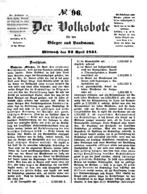 Der Volksbote für den Bürger und Landmann Mittwoch 23. April 1851