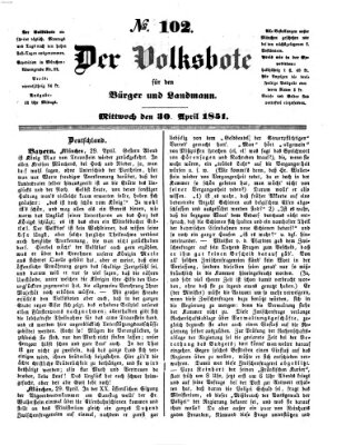 Der Volksbote für den Bürger und Landmann Mittwoch 30. April 1851