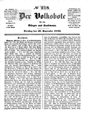 Der Volksbote für den Bürger und Landmann Dienstag 16. September 1851