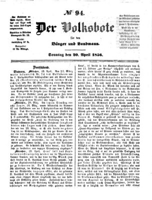 Der Volksbote für den Bürger und Landmann Sonntag 20. April 1856