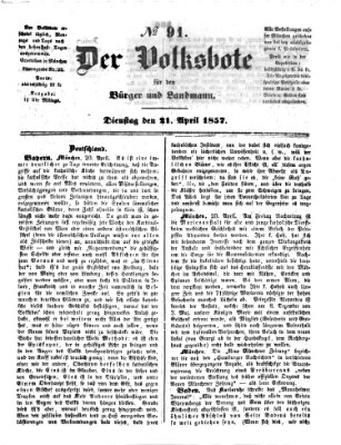 Der Volksbote für den Bürger und Landmann Dienstag 21. April 1857