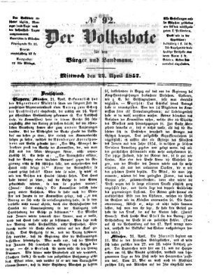 Der Volksbote für den Bürger und Landmann Mittwoch 22. April 1857