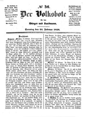 Der Volksbote für den Bürger und Landmann Sonntag 14. Februar 1858