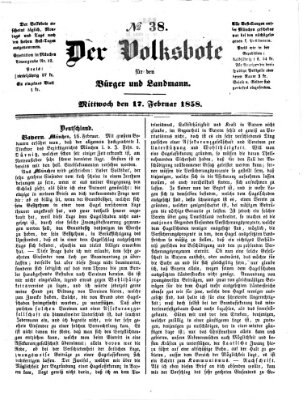 Der Volksbote für den Bürger und Landmann Mittwoch 17. Februar 1858